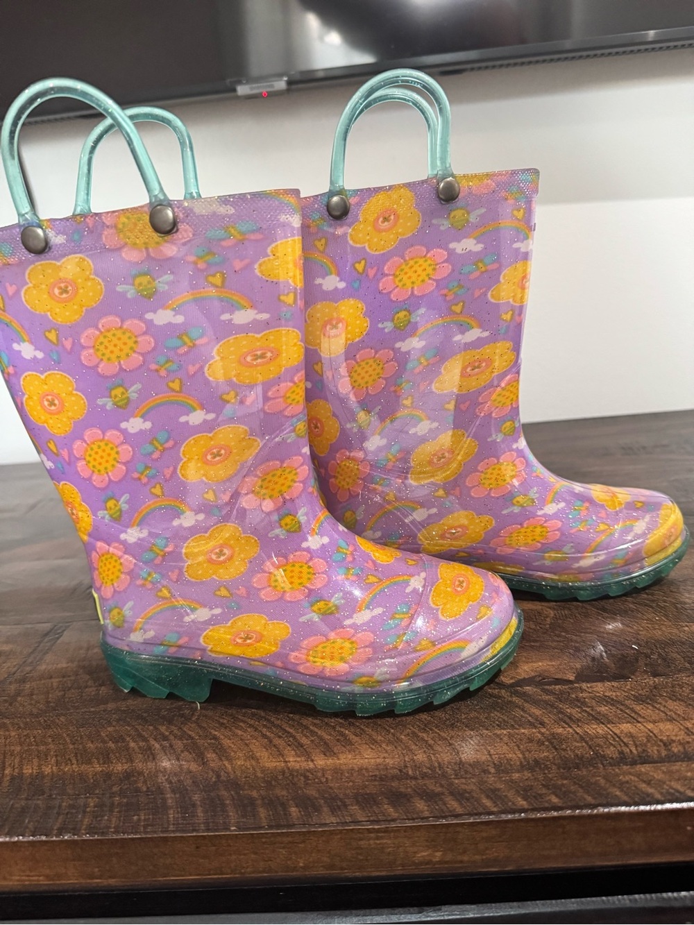 Western Chief Purple Floral Rain Boots with Teal Handles
